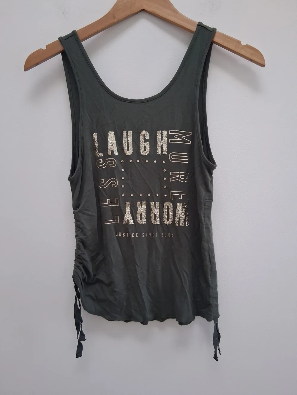 Justice Tween Girl's  Olive Green Tank with Metallic Graphic Side Ties Size 12